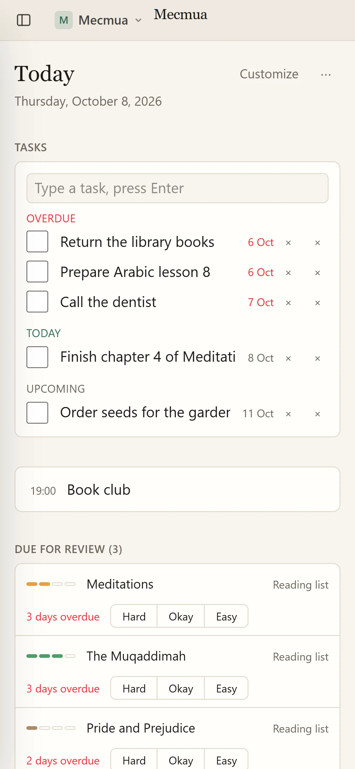 Mecmua’s Today dashboard on a phone